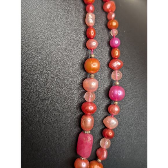 Double Strand Multi-Color Pearl Fuchsia Pink Rhodochrosite Pendant Necklace - Picture 7 of 11